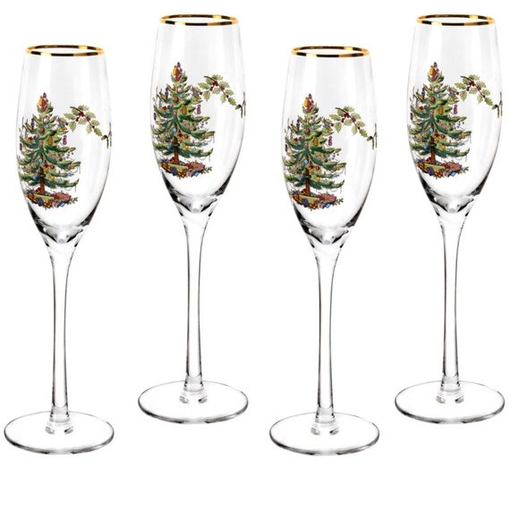 Set of 4 Spode Christmas Tree Champagne Fluted Glasses - Picture 2 of 5